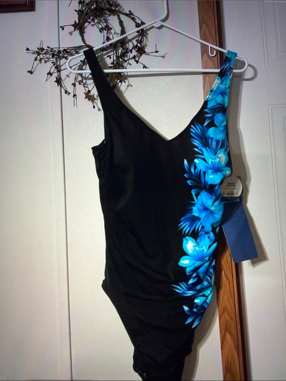 Body Sculpture Women's Black One-Piece Swimsuit with Blue Floral Side Panel